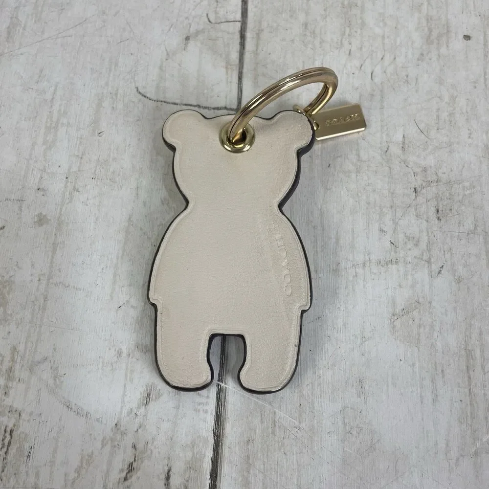 COACH Leather Creamy White Teddy Bear Keychain Purse Charm